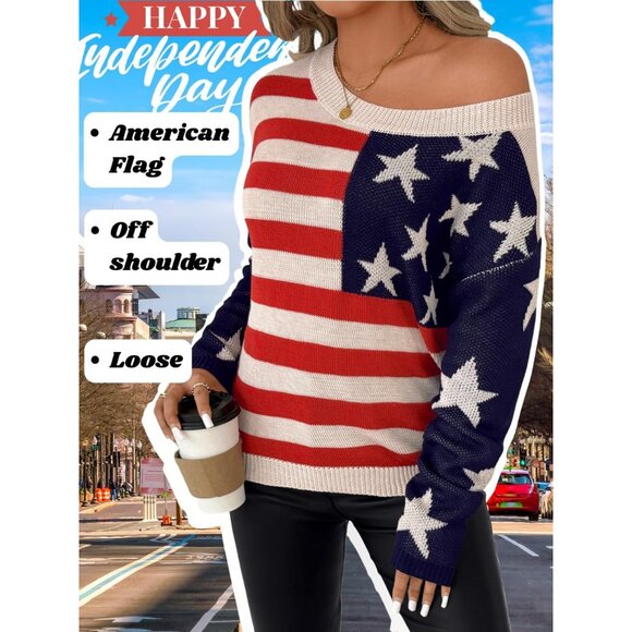Women American Flag Sweater Long Sleeve Crew Neck Lightweight Patriotic Knit - Picture 2 of 6
